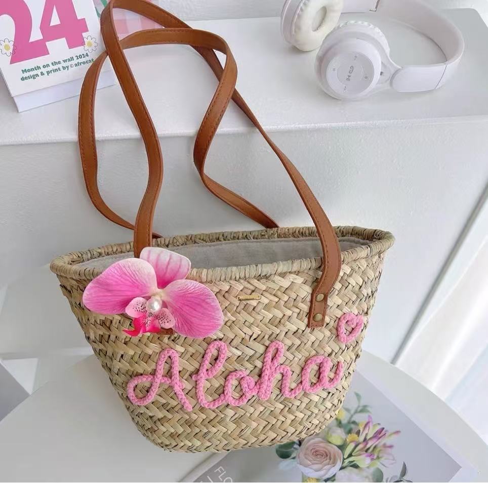 Summer Straw Bag, Beach Vacation Tote, Custom Letter Shoulder Bag, Hawaii Travel Handbag