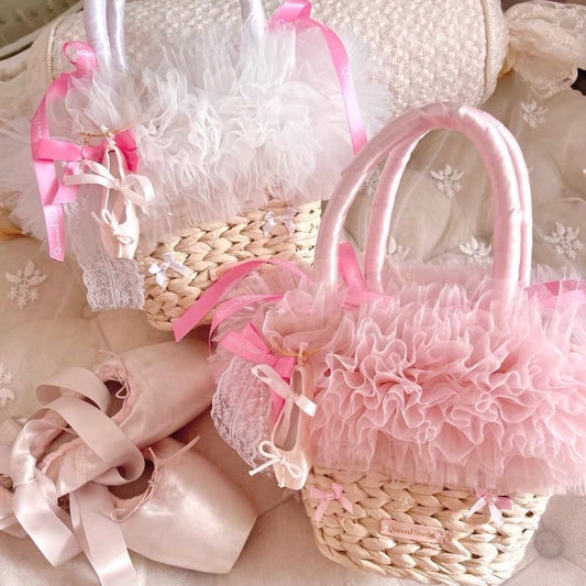 Handmade Straw Bag • Ballet Style • Ruffled Lace Beach Bag
