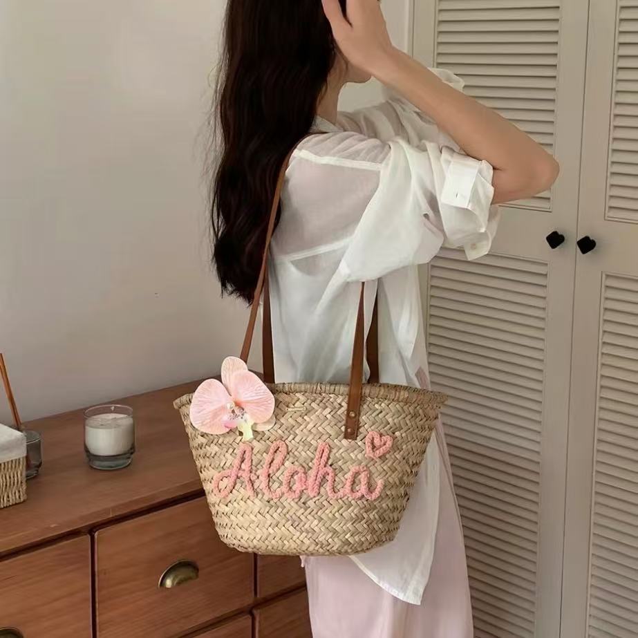 Summer Straw Bag, Beach Vacation Tote, Custom Letter Shoulder Bag, Hawaii Travel Handbag