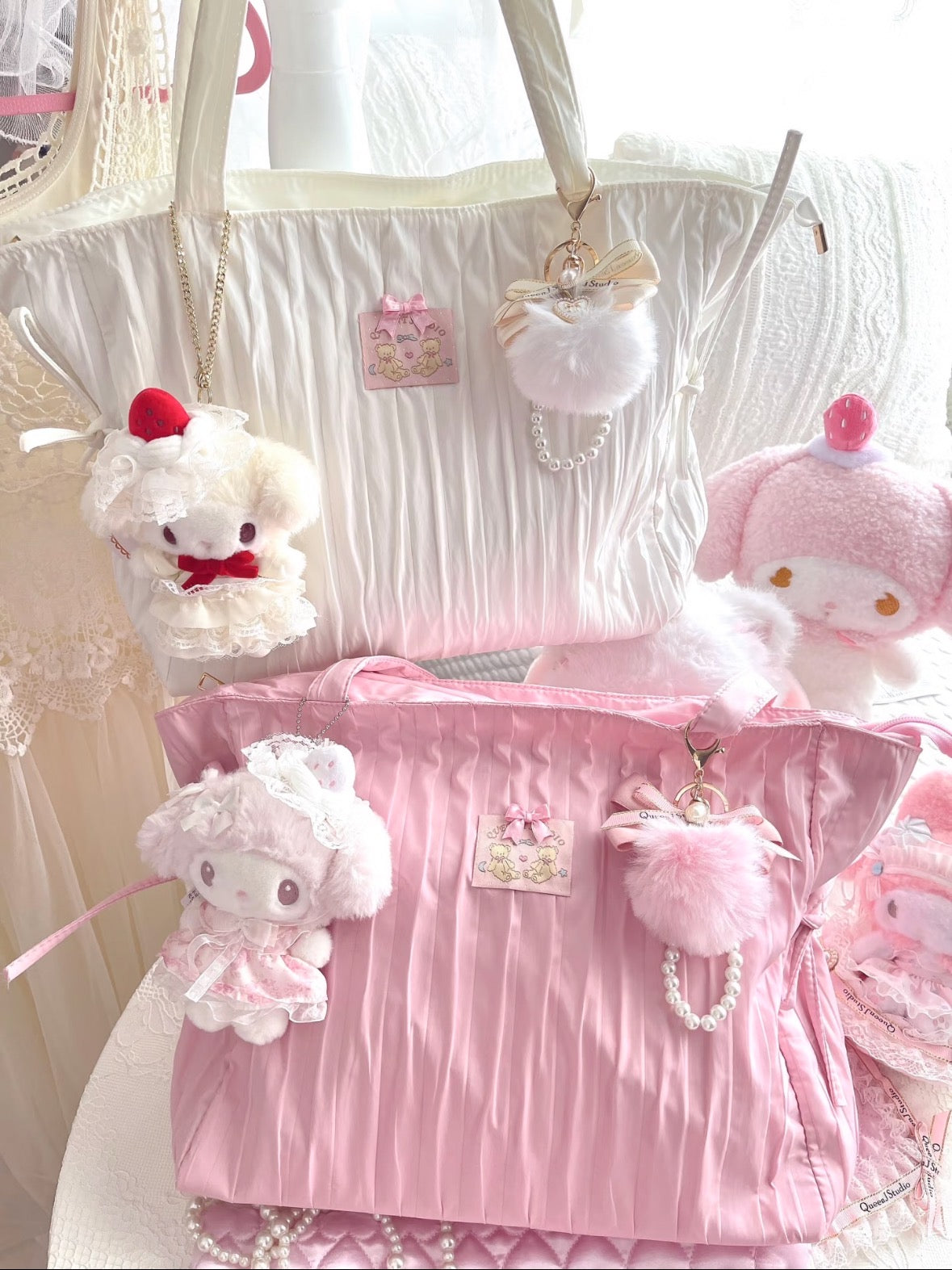 Sweet Heart Collection Large Capacity Shoulder Bag & Ruffled Cosmetic Bag