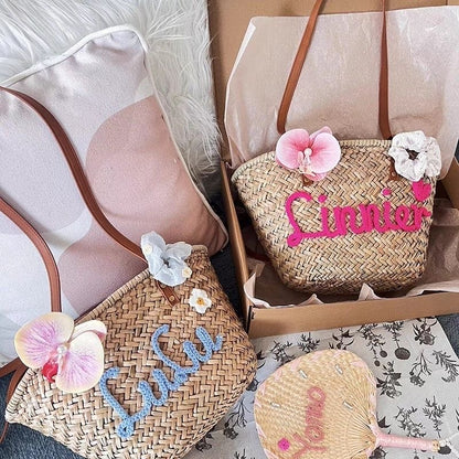 Summer Straw Bag, Beach Vacation Tote, Custom Letter Shoulder Bag, Hawaii Travel Handbag