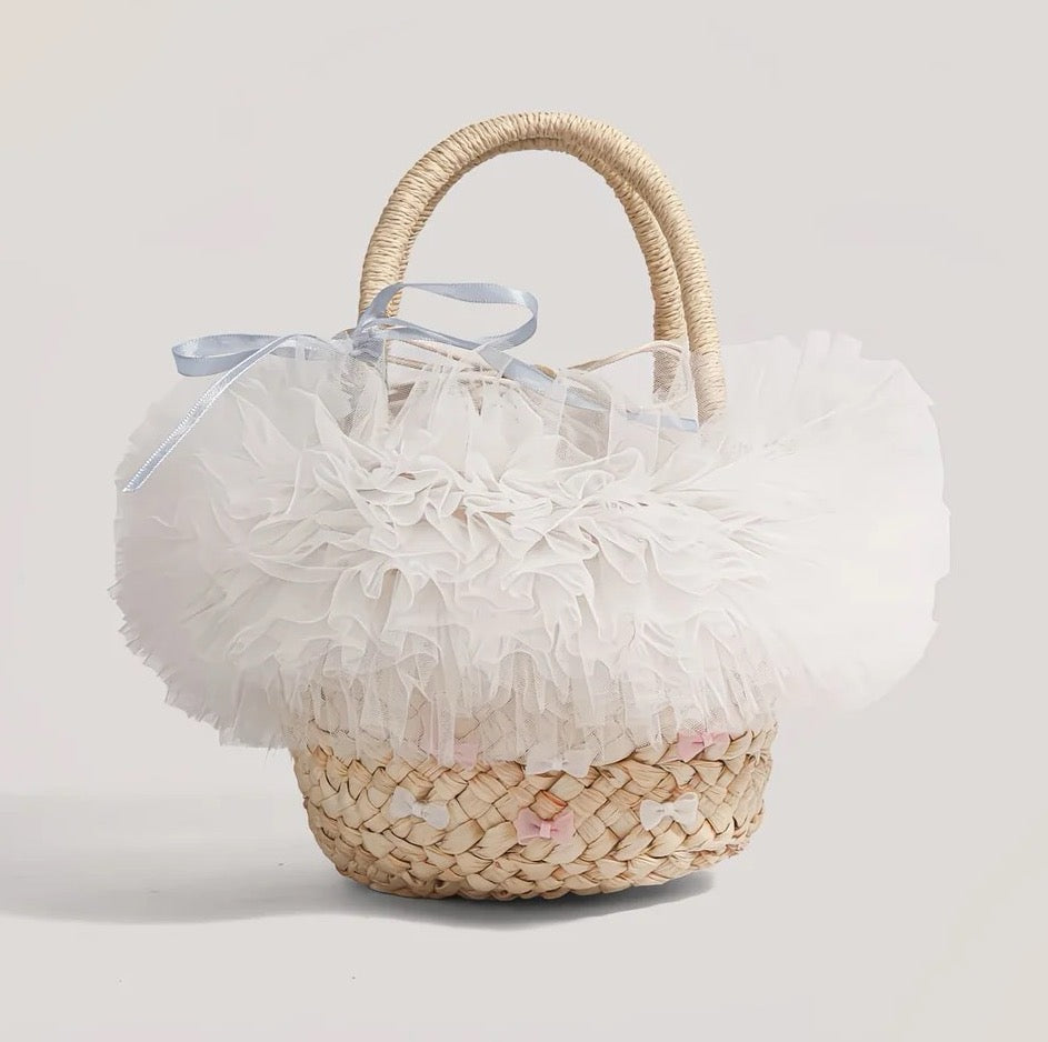 Handmade Straw Bag • Ballet Style • Ruffled Lace Beach Bag