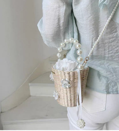 Mini Pearl Bow Straw Bucket Bag - Summer Cylinder Handbag for Women
