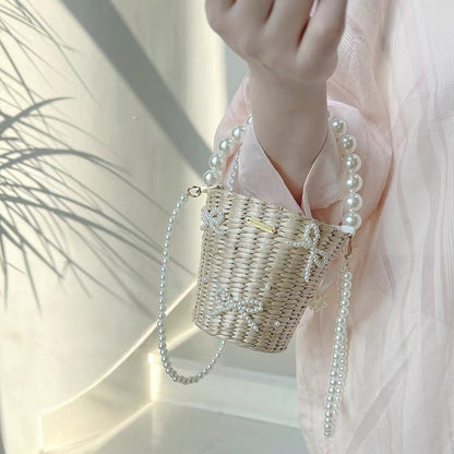 Mini Pearl Bow Straw Bucket Bag - Summer Cylinder Handbag for Women