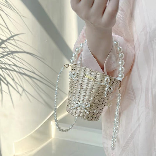 Mini Pearl Bow Straw Bucket Bag - Summer Cylinder Handbag for Women