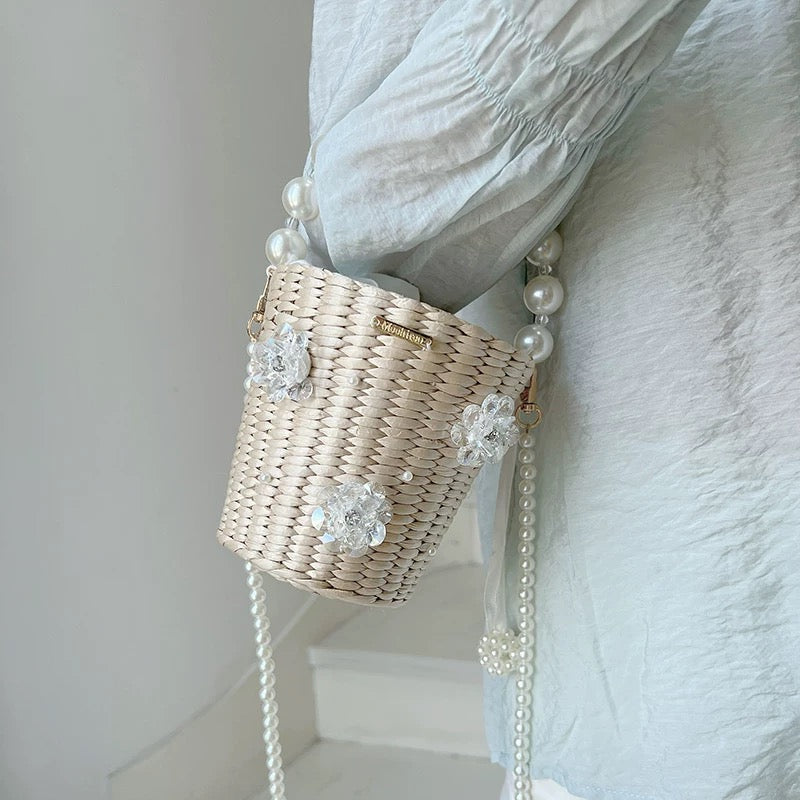 Mini Pearl Bow Straw Bucket Bag - Summer Cylinder Handbag for Women