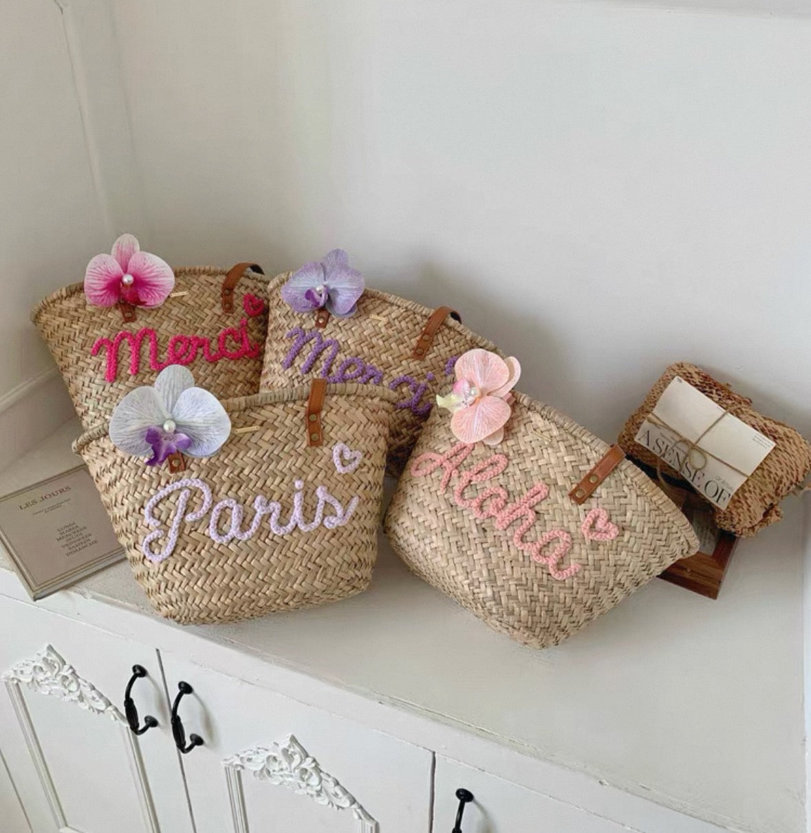 Summer Straw Bag, Beach Vacation Tote, Custom Letter Shoulder Bag, Hawaii Travel Handbag