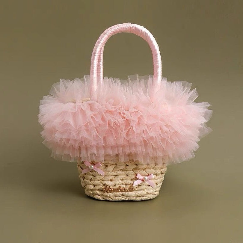 Handmade Straw Bag • Ballet Style • Ruffled Lace Beach Bag