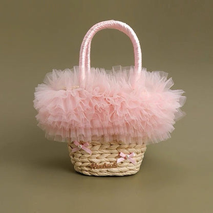Handmade Straw Bag • Ballet Style • Ruffled Lace Beach Bag