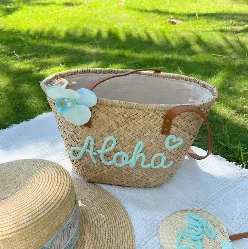 Summer Straw Bag, Beach Vacation Tote, Custom Letter Shoulder Bag, Hawaii Travel Handbag