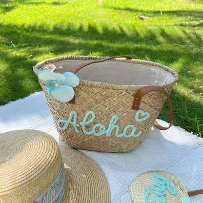 Summer Straw Bag, Beach Vacation Tote, Custom Letter Shoulder Bag, Hawaii Travel Handbag