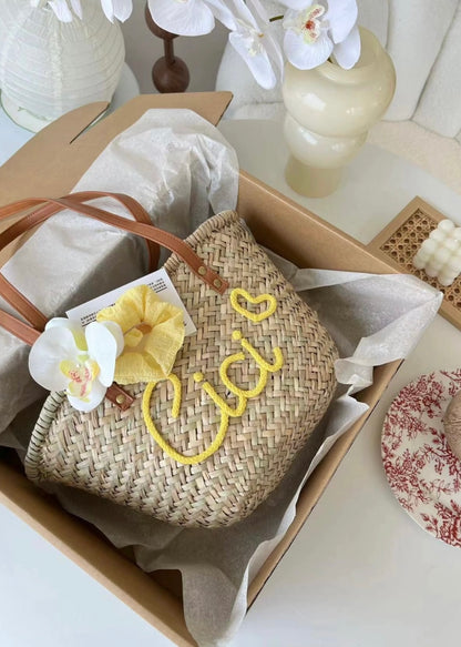 Summer Straw Bag, Beach Vacation Tote, Custom Letter Shoulder Bag, Hawaii Travel Handbag